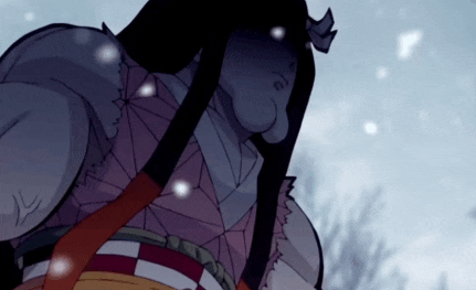 a cartoon character with long black hair is standing in the snow with trees in the background