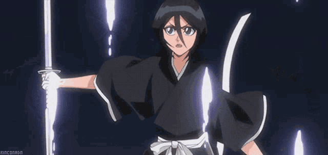 a girl with black hair and white eyes is holding a sword in her hand .