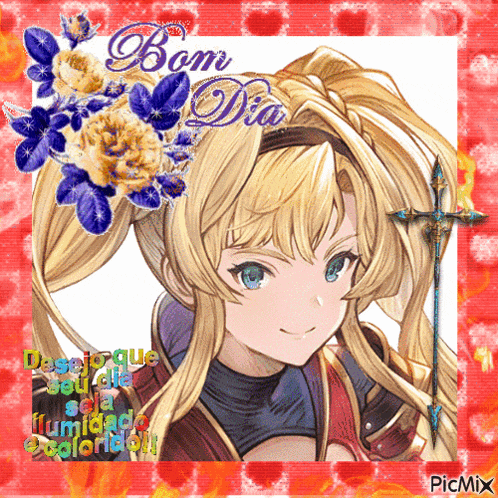 a picture of a girl with the words bom dia on the top