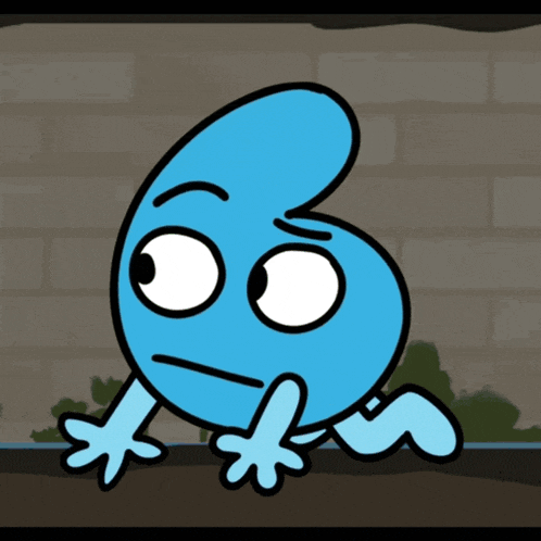 a cartoon drawing of a blue number six with big eyes and arms