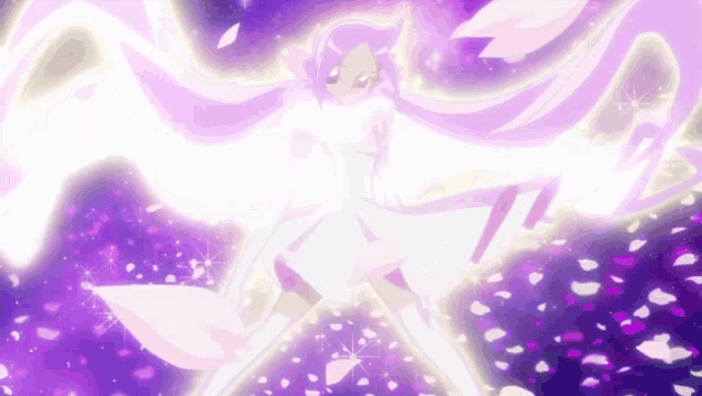 a girl in a white dress is surrounded by purple flowers