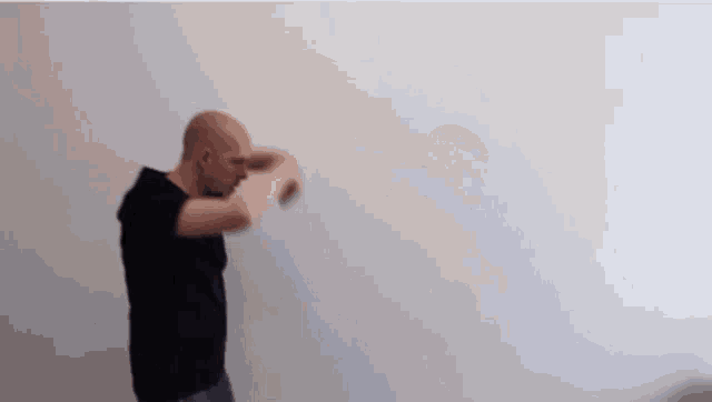 a bald man in a black shirt is standing in front of a white wall .