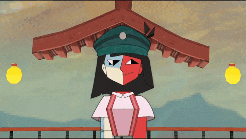 a cartoon character with a green hat and red and blue face