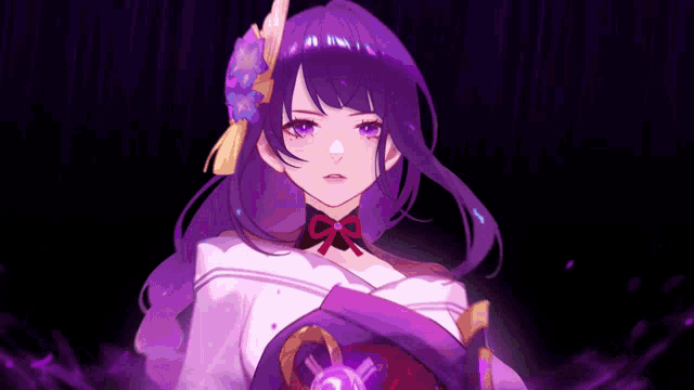a purple haired anime girl with a bow in her hair is standing in the dark holding a sword .