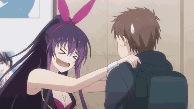 a girl with bunny ears is talking to a boy with a backpack