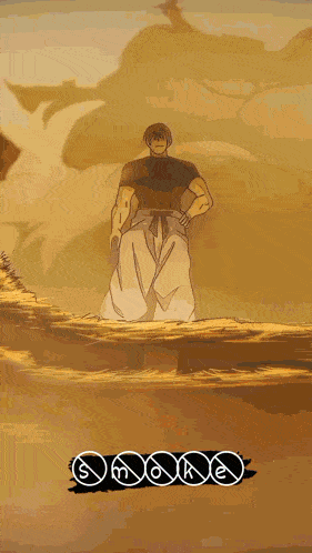 a man in a black shirt and white pants is standing on a cliff with a sword in his hand ..