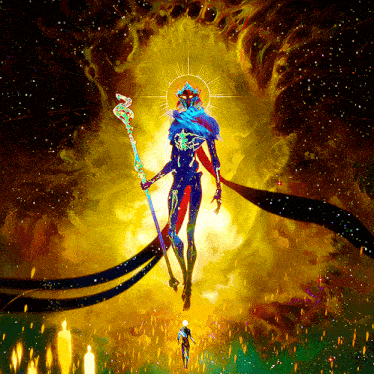 a colorful painting of a man holding a cane in front of a bright light