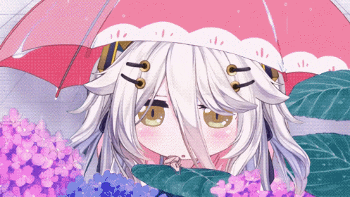 a girl with white hair is holding a pink umbrella over her head