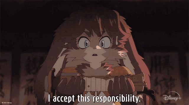 a cartoon character says " i accept this responsibility " in front of a disney logo