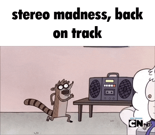 a cartoon of a raccoon dancing in front of a boombox with the caption stereo madness back on track