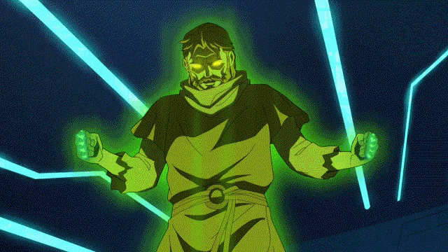 a cartoon of a man in a green robe