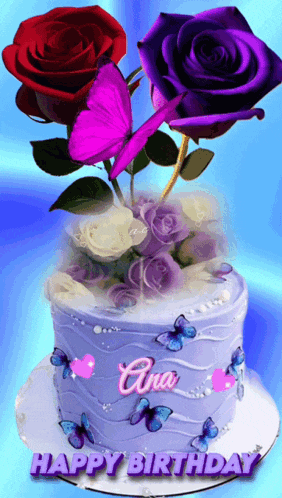 a birthday cake with purple roses and butterflies and the name ana on it
