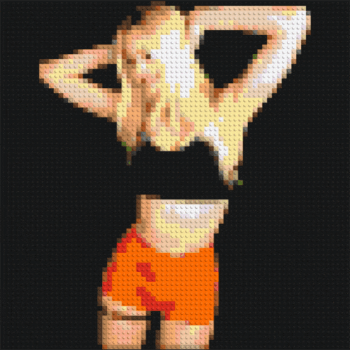a pixel art of a woman wearing orange shorts and a black top