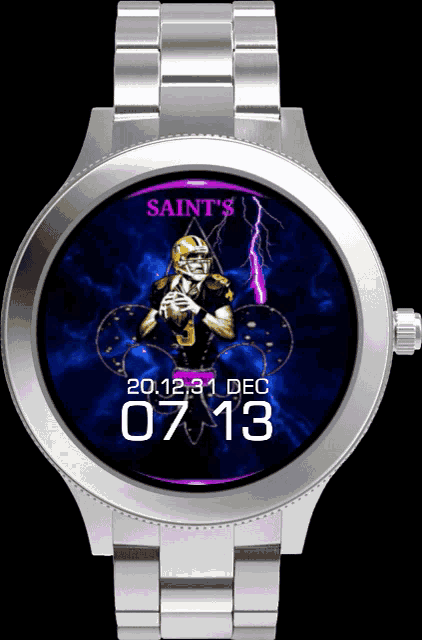 a silver watch with a saints football player on the face