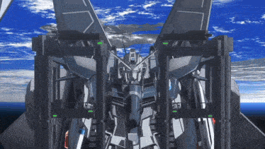 a robot with a blue sky in the background has a green light on the front of it