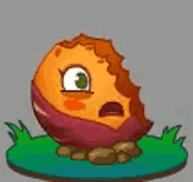 a cartoon chicken with a green eye is sitting on top of a grassy hill .