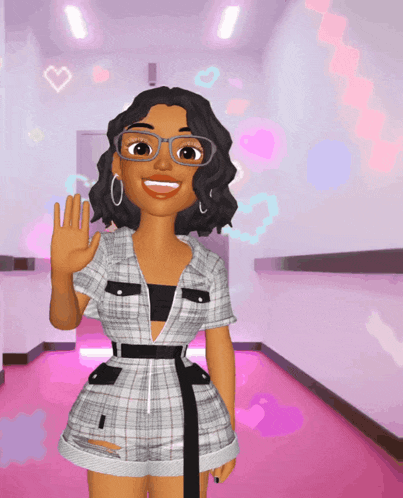 a cartoon girl wearing glasses and a plaid outfit is waving
