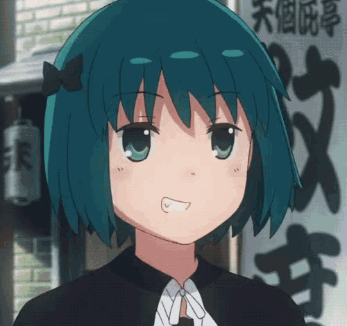 a girl with blue hair is standing in front of a sign that says ' x ' on it