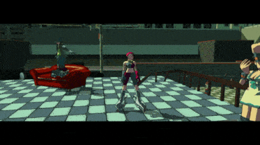a video game scene with a man sitting on a red couch and a girl rollerblading
