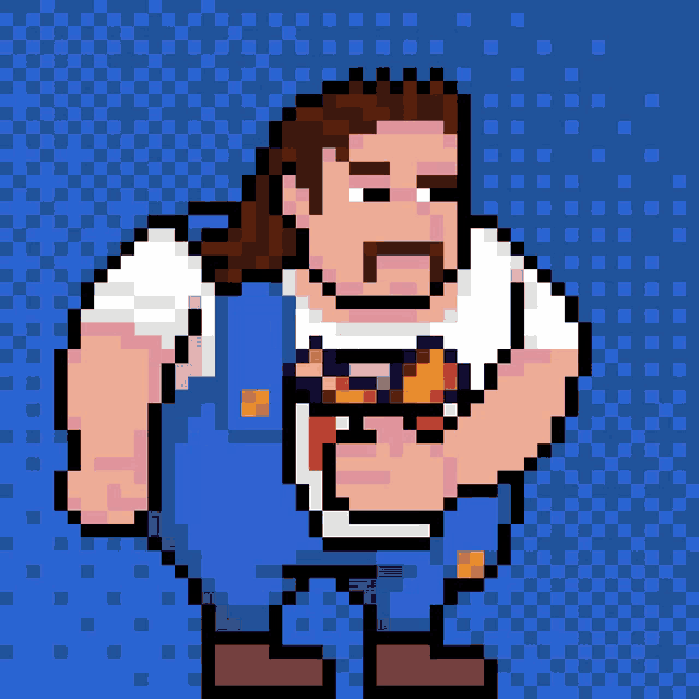 a pixel art drawing of a man with a ponytail holding a hamburger