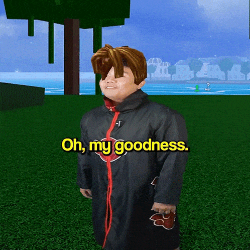 a video game character says oh my goodness in yellow letters