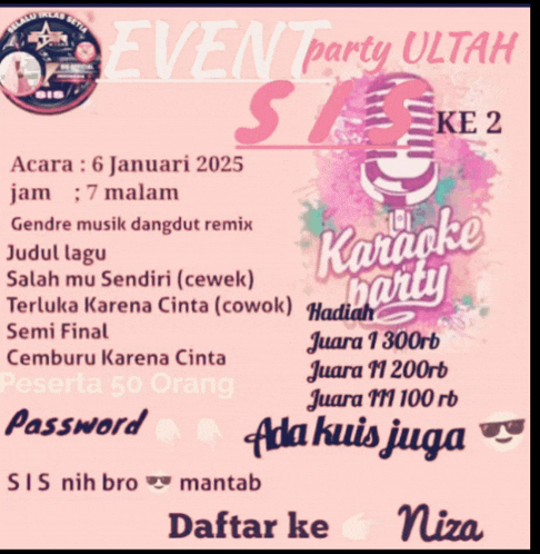 a poster for a karaoke party that takes place on january 6th