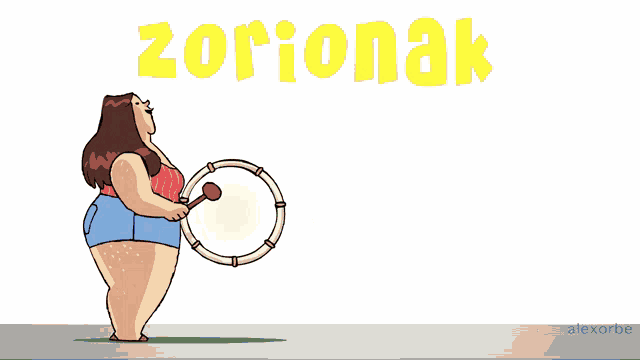 a cartoon drawing of a woman playing a drum with the word zorionak behind her