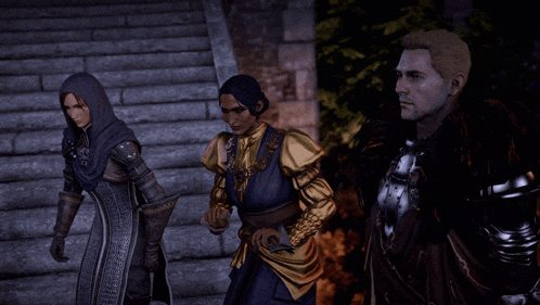 a group of people are standing on a set of stairs in a video game