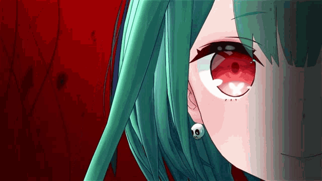 a close up of a green haired anime girl with red eyes