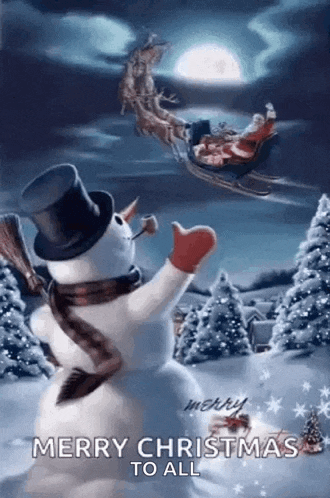 a snowman wearing a top hat and scarf is standing in front of a christmas scene with santa in a sleigh .