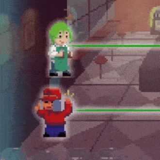 a pixel art illustration of a man and a woman standing next to each other in a room .