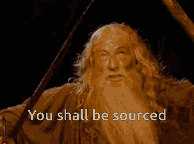 a man with a beard is holding a sword and says " you shall be sourced " in white letters