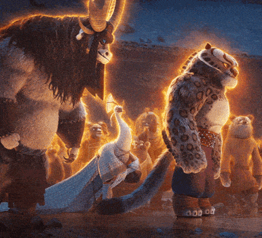 a group of cartoon characters including a leopard and a peacock are standing together