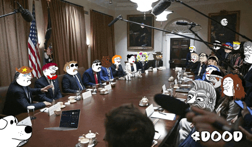 a group of people are sitting around a table with a sign that says 4dood
