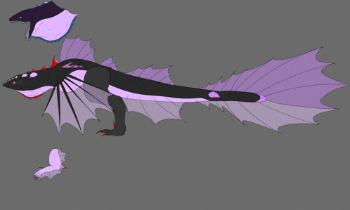 a drawing of a dragon with purple wings on a gray background