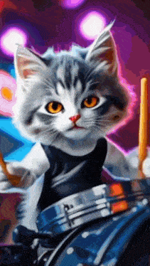 a cat is playing drums and holding a pair of drumsticks