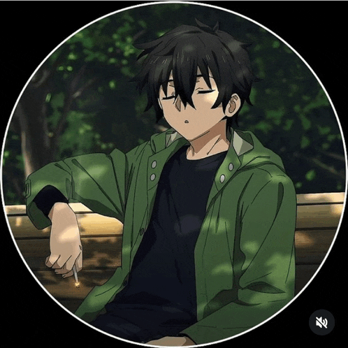 a boy in a green jacket smoking a cigarette
