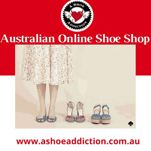 an advertisement for australian online shoe shop shows a woman wearing a floral skirt