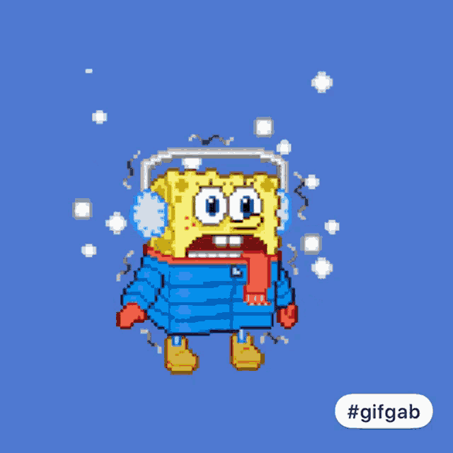 a pixel art of spongebob wearing a blue jacket and scarf