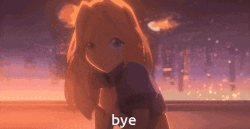 a cartoon of a girl saying bye in front of a city