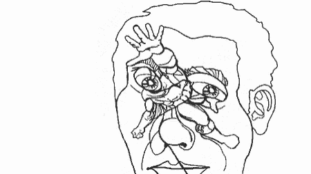 a black and white drawing of a monster with a long tail and a huge mouth .