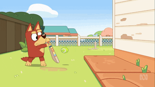 a cartoon drawing of a dog holding a cricket bat and a tennis ball
