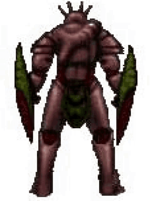 a pixel art of a monster with a crown on his head and clawed arms .