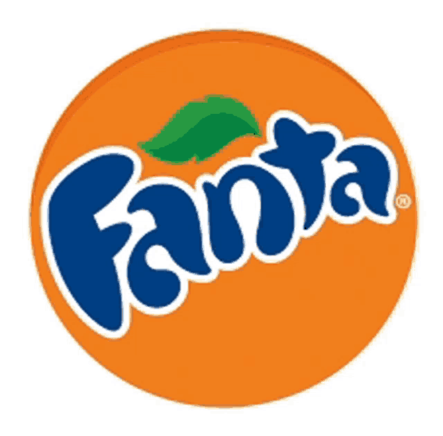 a blue and orange fanta logo with a green leaf on it