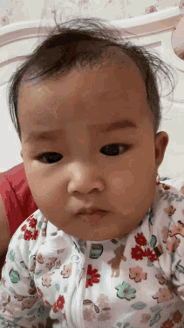 a baby is wearing a floral outfit with a bear on it