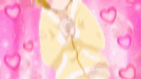 a girl with yellow hair is surrounded by pink hearts .