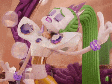 a cartoon character with green hair and a purple headband is dancing