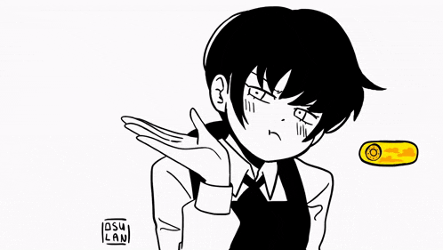 a black and white drawing of a boy in an apron making a thumbs down sign .