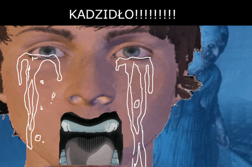 a drawing of a man 's face with tears coming out of his eyes and the words kadzidlo !!!