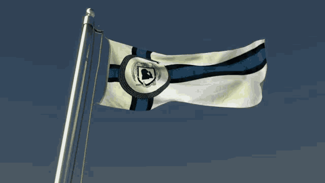 a white and blue flag with a snake in the middle